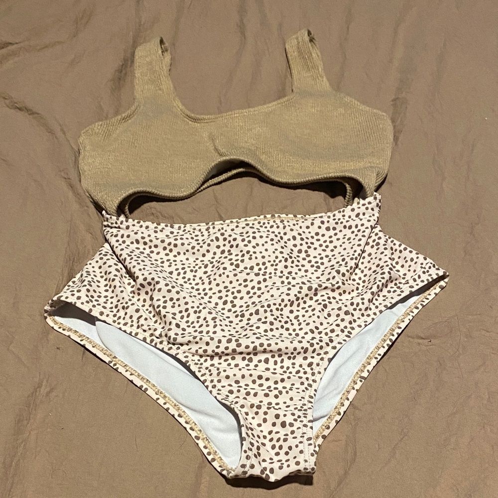 Tan and Polka Dot One Piece Bathing Suit